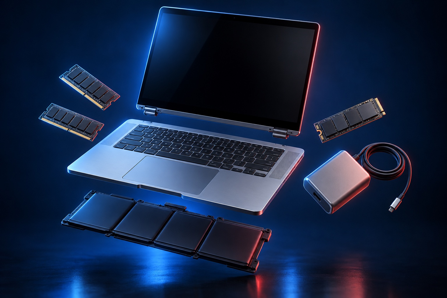 Exploded 3D view of a laptop, memory, storage and power components